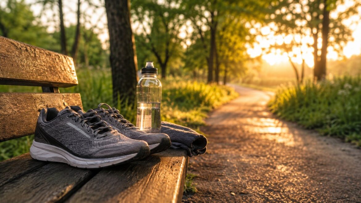 Zapatillas de running en un sendero al atardecer