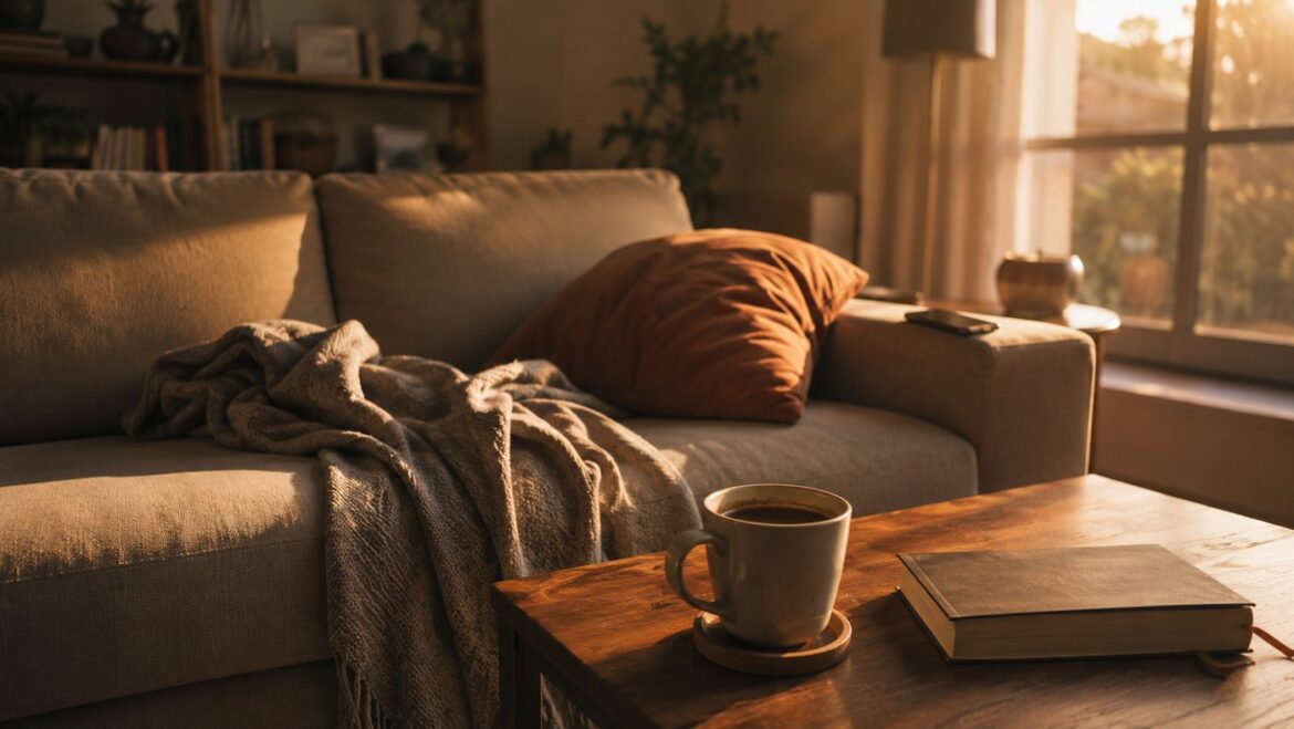 Sillón con manta, café y un libro